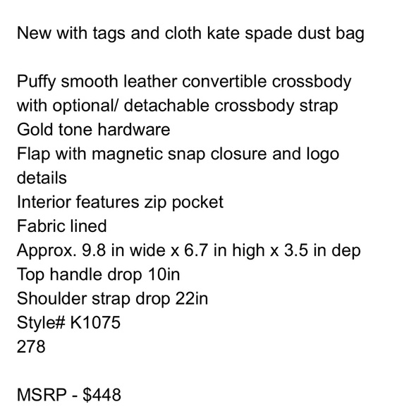 KATE SPADE. CEDAR PUFF LEATHER BAG! Gold chain link details! New - Picture 7 of 7